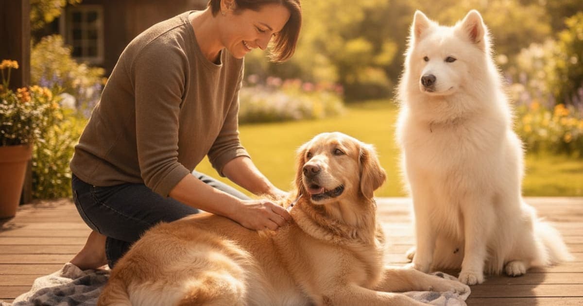 A dog being cared for at home, illustrating bpc-157: injecting a large dog alone