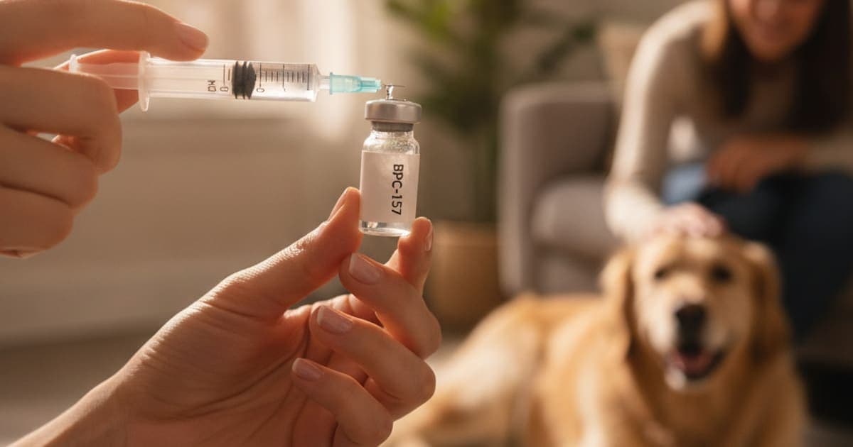 A dog being cared for at home, illustrating bpc-157 reconstituting step by step for dogs