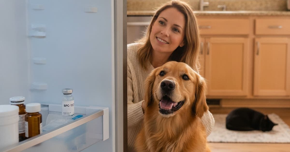 A dog being cared for at home, illustrating bpc-157 refrigeration for dogs