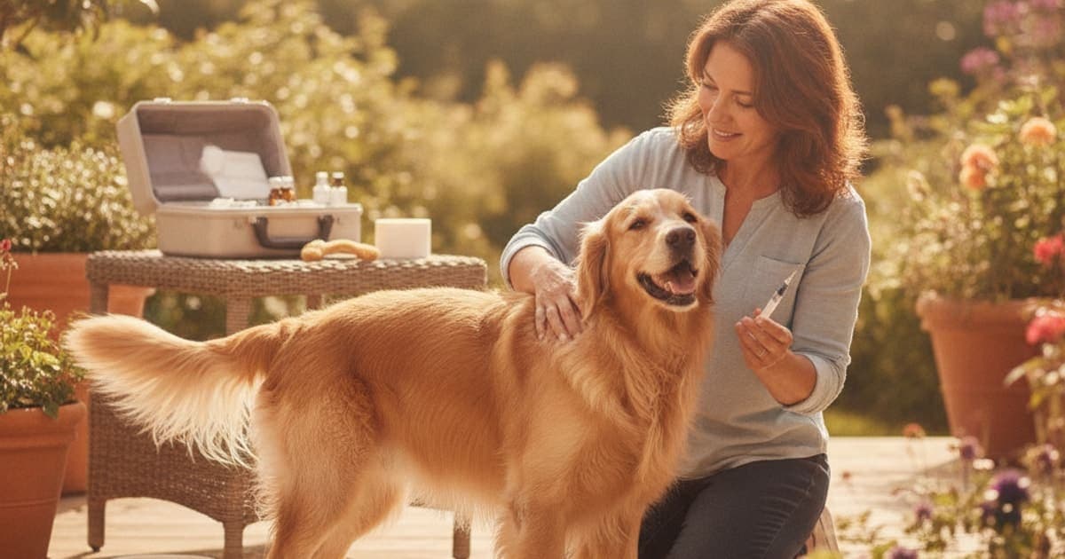 A dog being cared for at home, illustrating bpc-157 safety with steroids for dogs: what to know