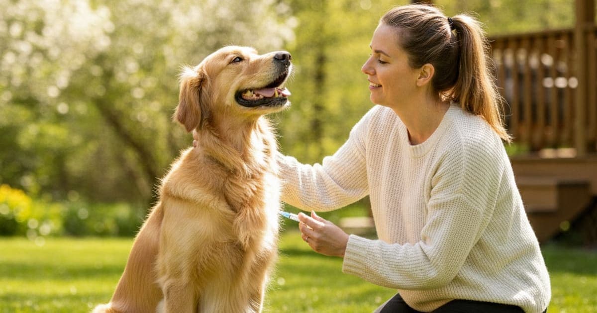 A dog being cared for at home, illustrating bpc-157 subcutaneous injection for dogs