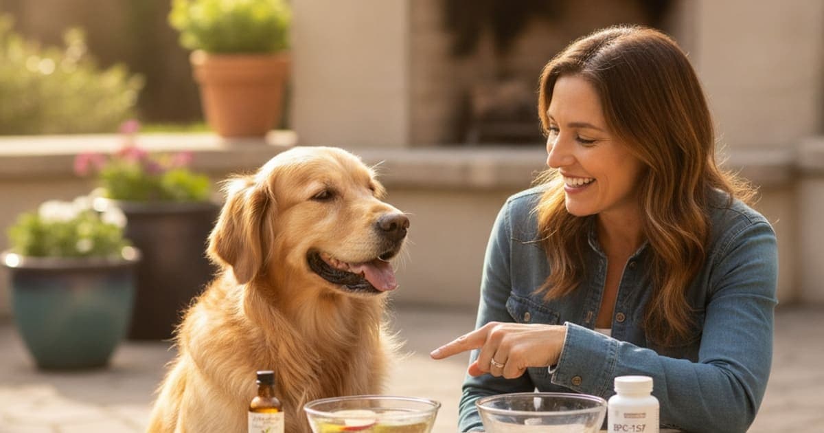 A dog being cared for at home, illustrating bpc-157 vs apple cider vinegar: which works better for dogs