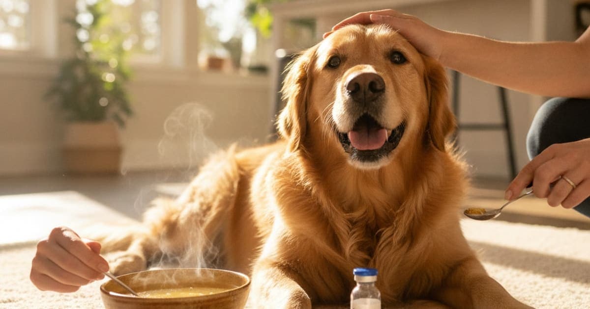 A dog being cared for at home, illustrating bpc-157 vs bone broth: which works better for dogs