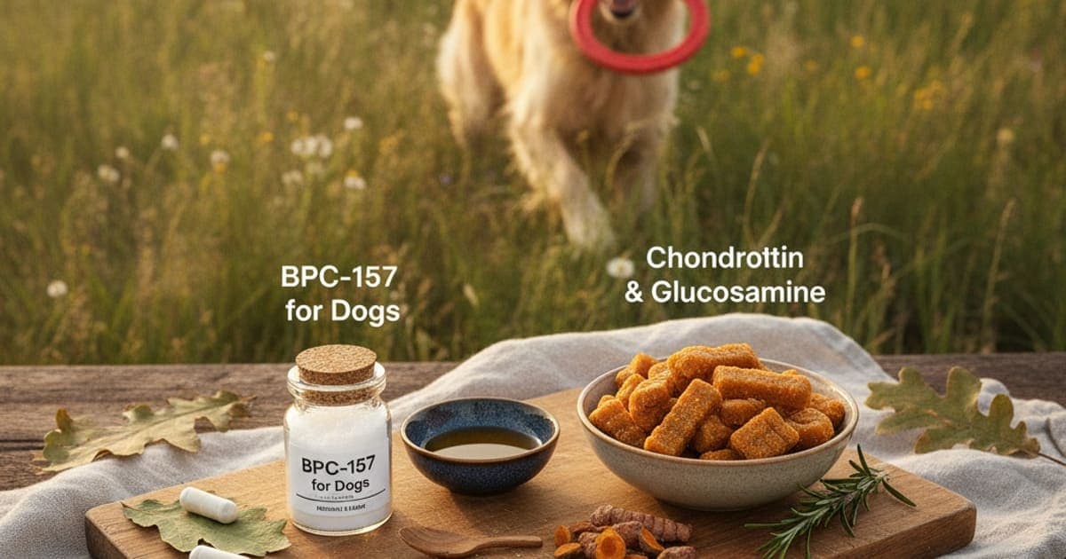 A dog being cared for at home, illustrating bpc-157 vs chondroitin for dogs: which works better