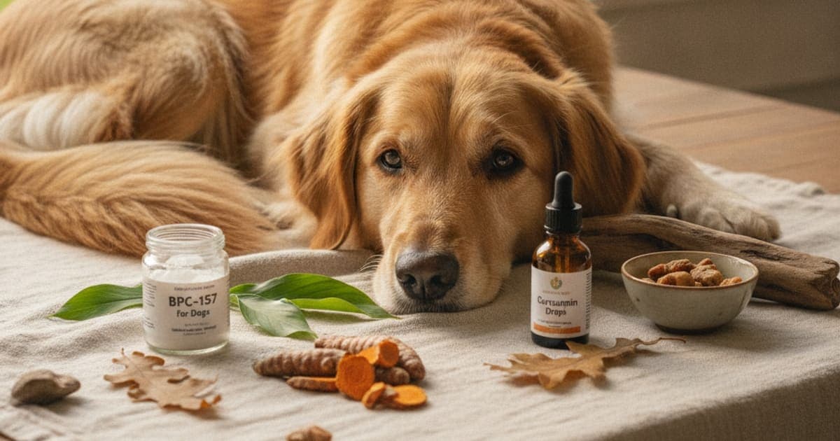 A dog being cared for at home, illustrating bpc-157 vs curcumin for dogs