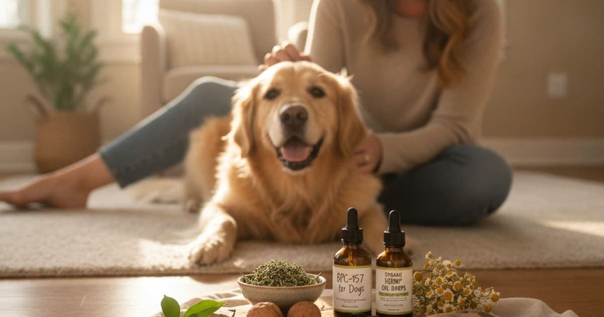 A dog being cared for at home, illustrating bpc-157 vs hemp oil: which works better for dogs