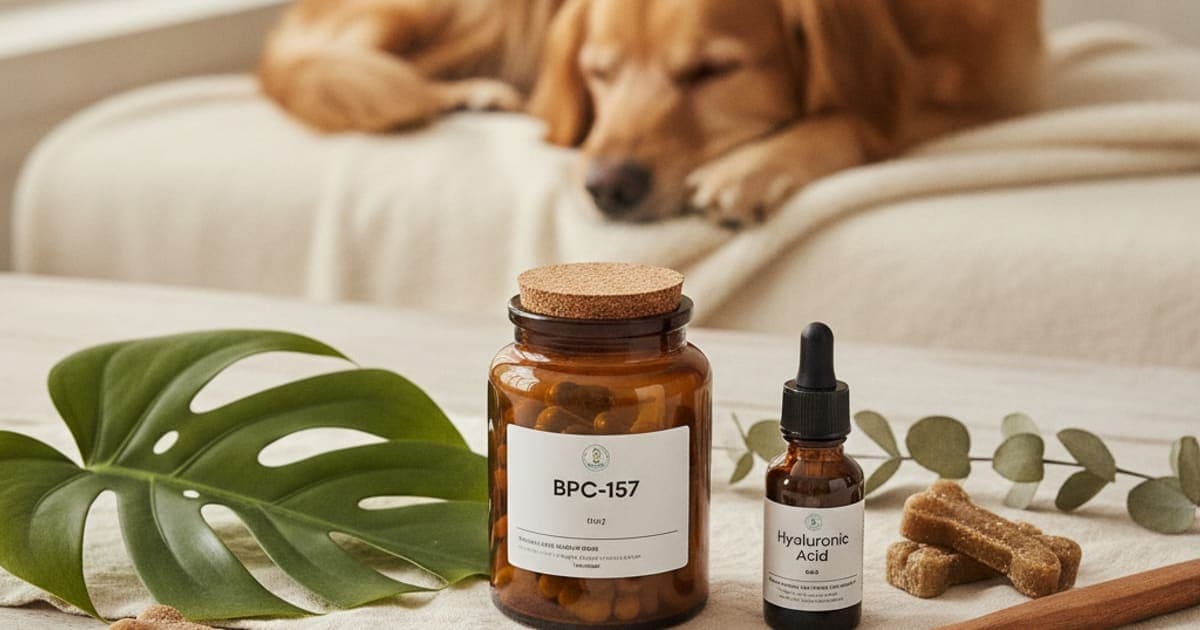 A dog being cared for at home, illustrating bpc-157 vs hyaluronic acid for dogs: which works better