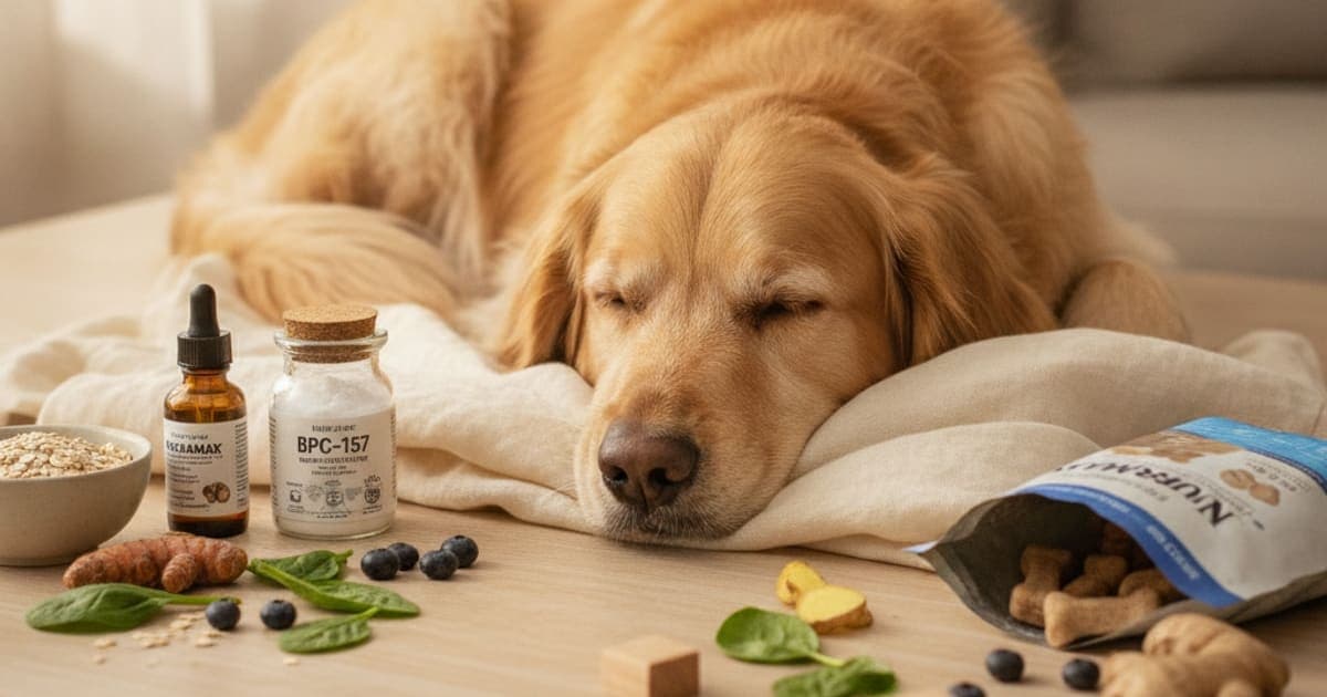 A dog being cared for at home, illustrating bpc-157 vs nutramax: which works better for dogs