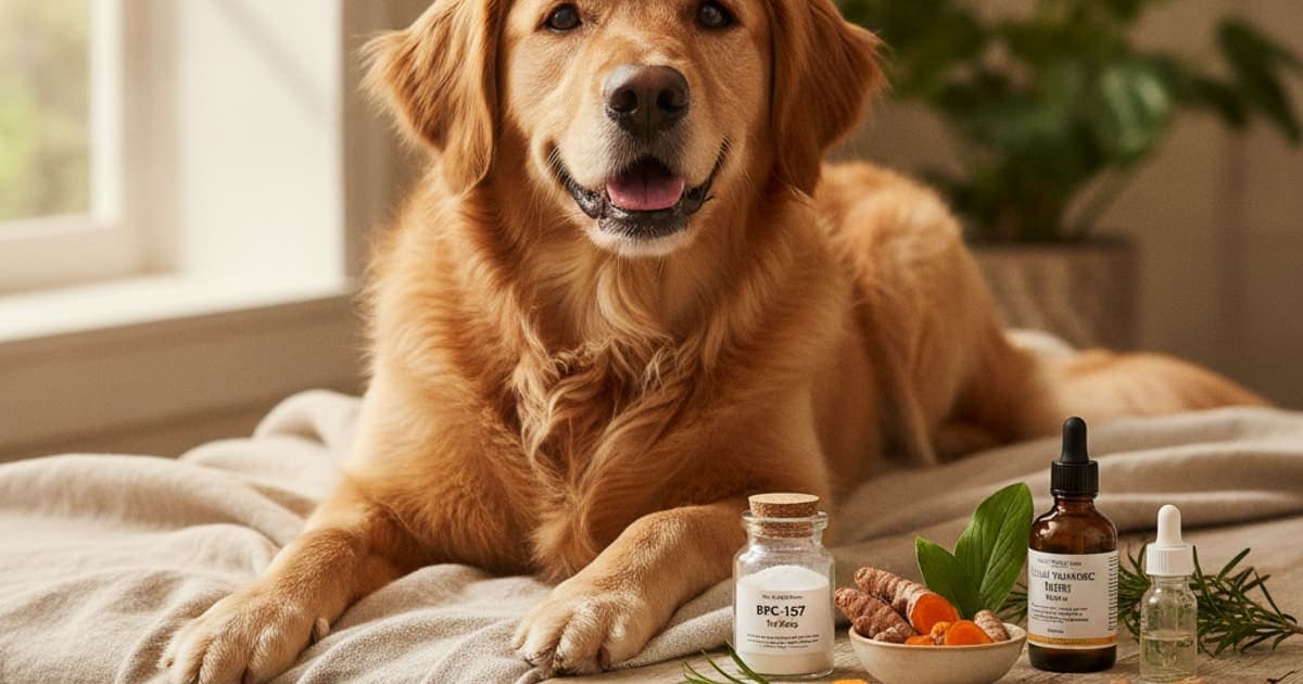 A dog being cared for at home, illustrating bpc-157 vs turmeric for dogs: which works better