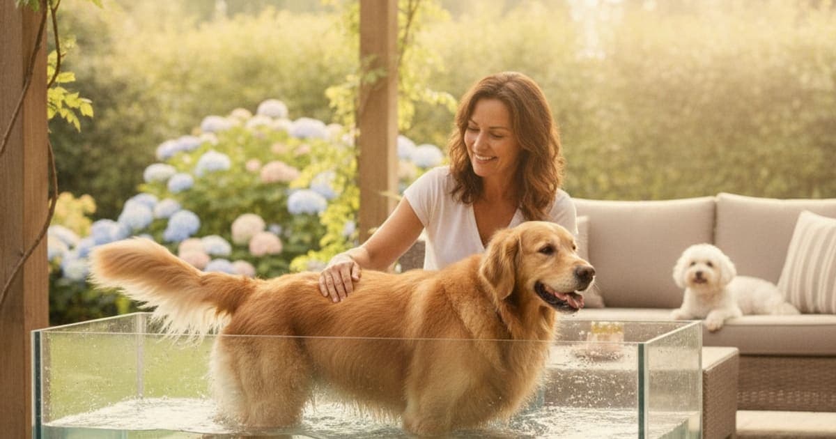 A dog being cared for at home, illustrating bpc-157 vs underwater treadmill for dogs: compared