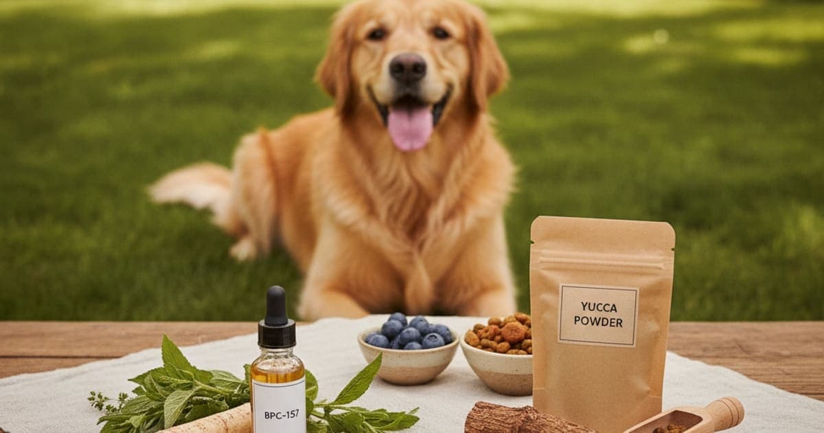 A dog being cared for at home, illustrating bpc-157 vs yucca for dogs: which works better