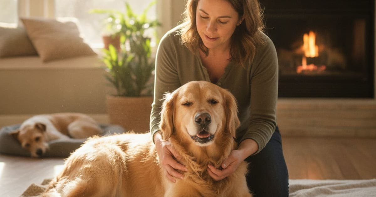 A dog being cared for at home, illustrating bursitis in dogs: signs, causes and what helps