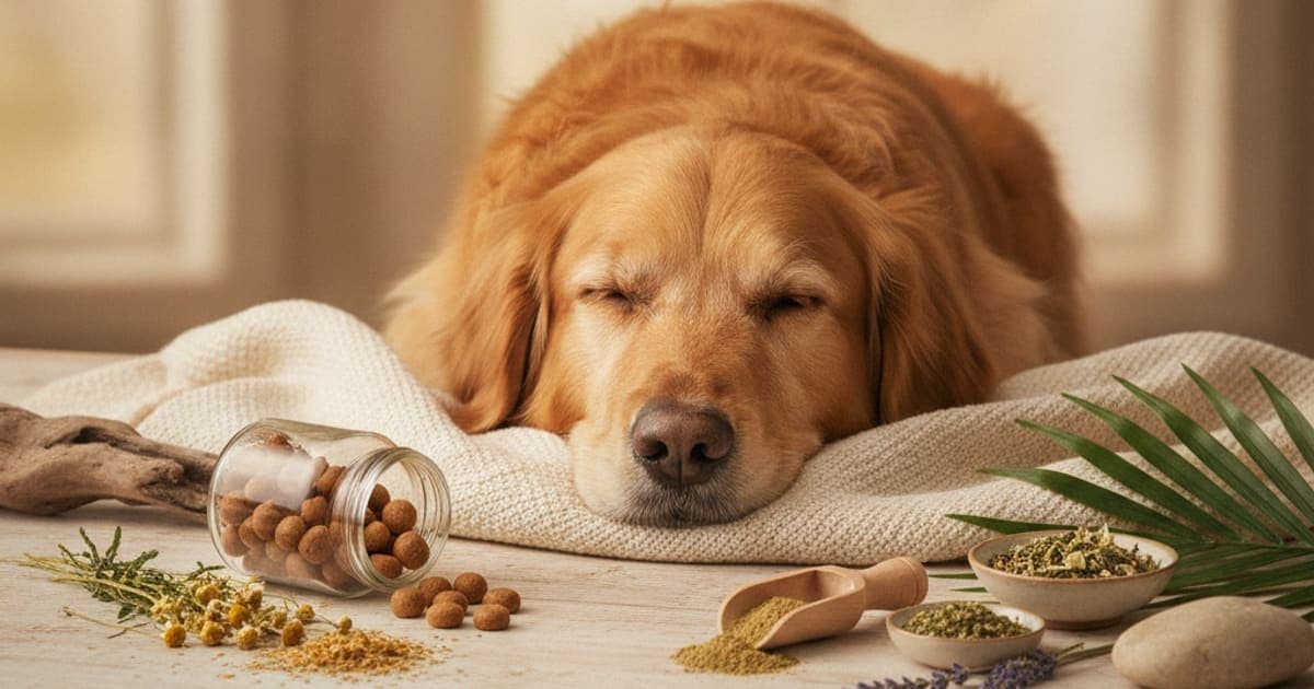 A dog being cared for at home, illustrating calm supplements for dogs