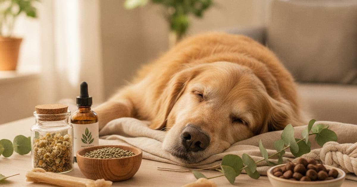 A dog being cared for at home, illustrating best calming supplement for dogs