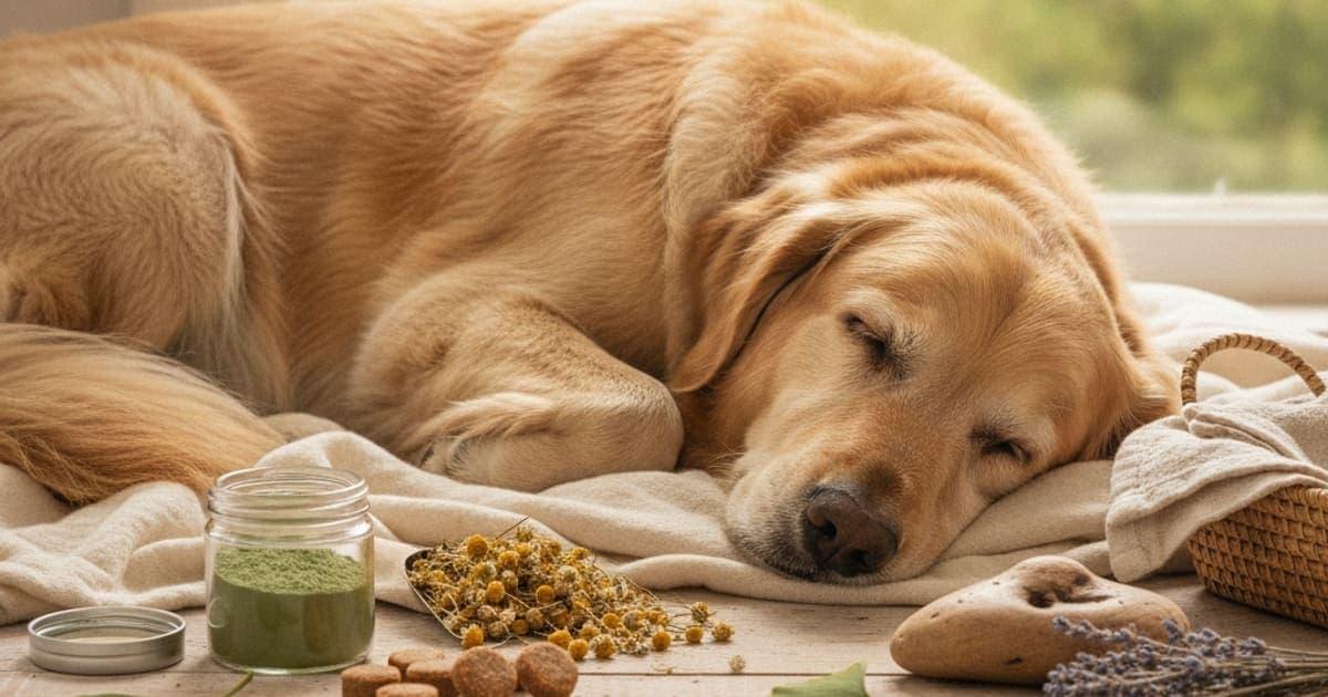 A dog being cared for at home, illustrating calming supplements for senior dogs: what to look for