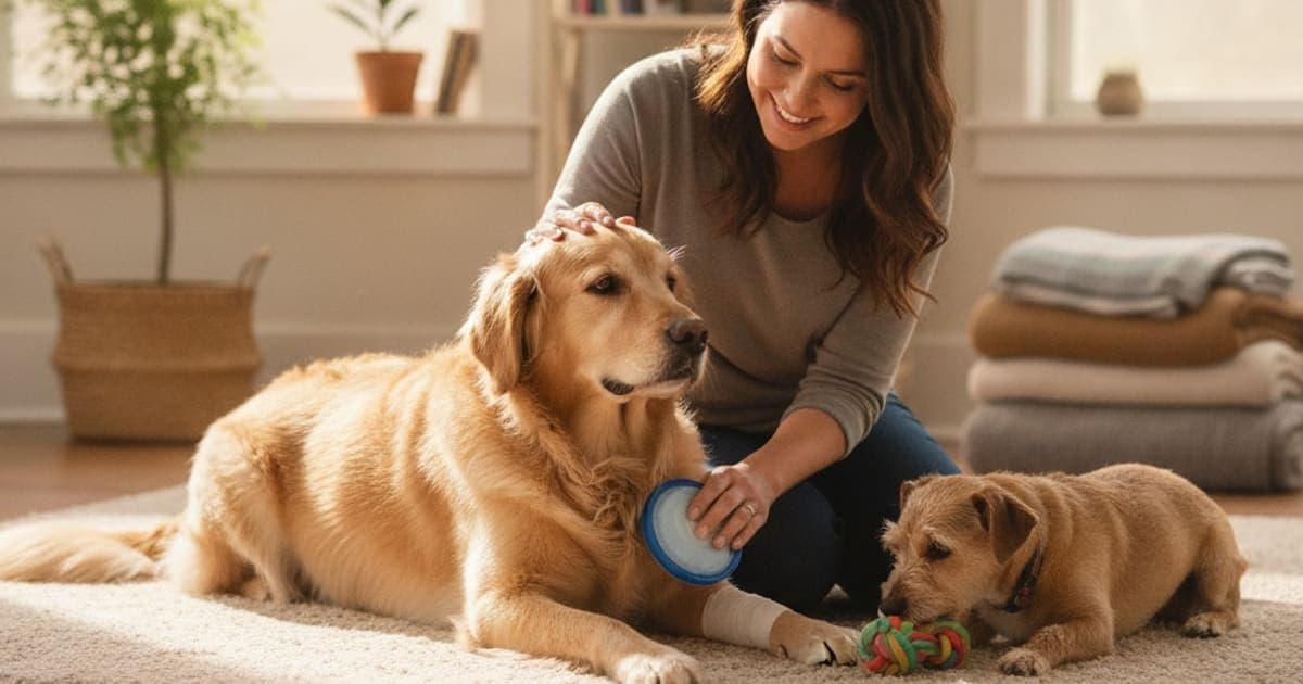 A dog being cared for at home, illustrating dog bursitis without surgery