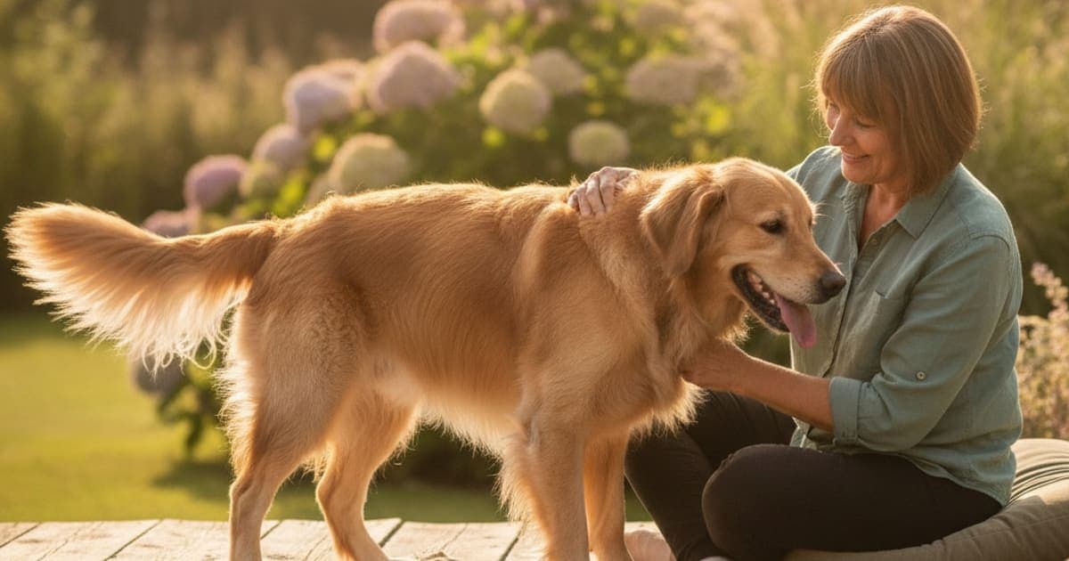 A dog being cared for at home, illustrating a dog recover from hip arthritis without surgery