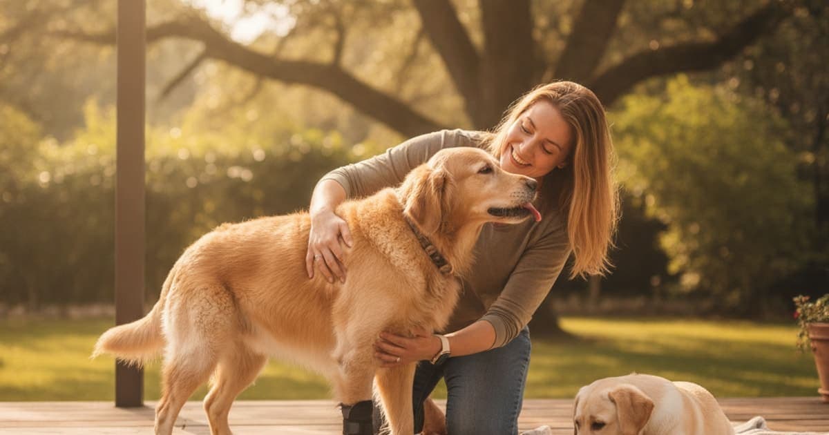 A dog being cared for at home, illustrating a dog recover from hock injury without surgery