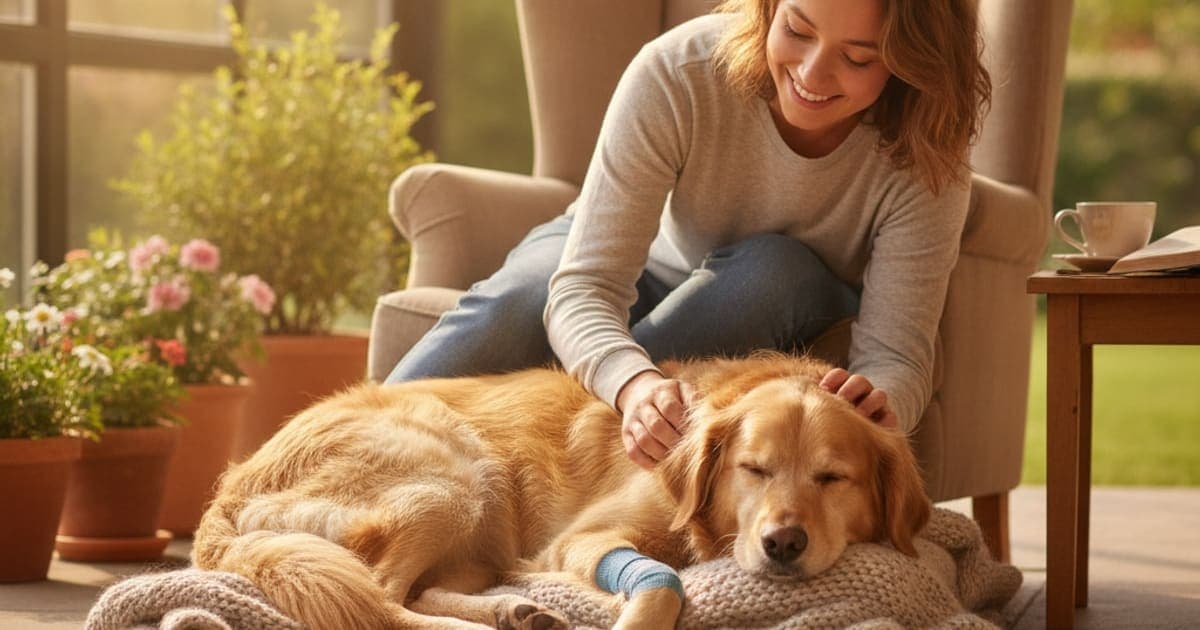 A dog being cared for at home, illustrating a dog recover from meniscus tear without surgery
