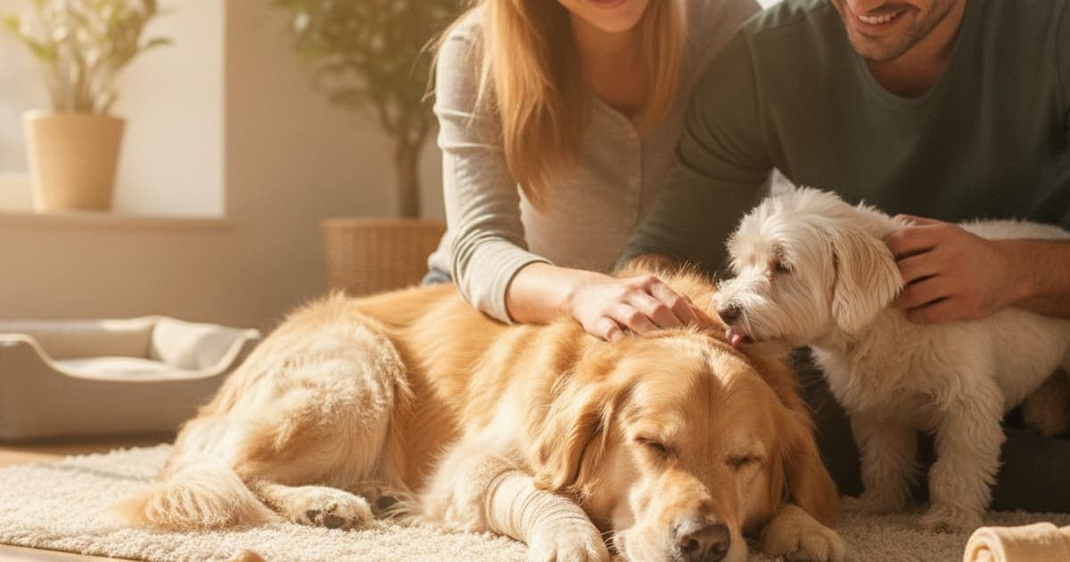 A dog being cared for at home, illustrating a dog recover from a sprained leg without surgery