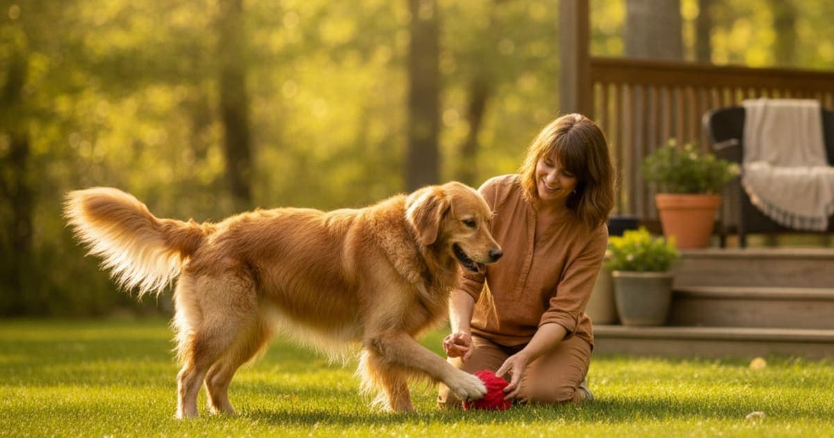 A dog being cared for at home, illustrating a dog recover from tendonitis without surgery