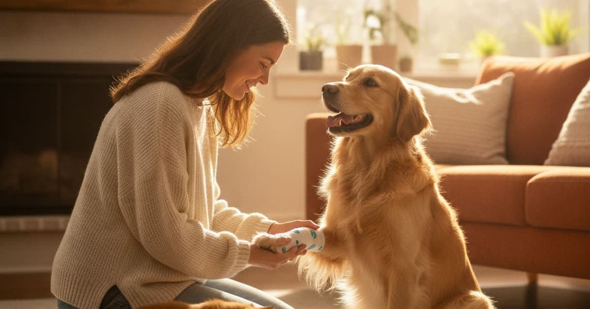 A dog being cared for at home, illustrating a dog recover from toe injury without surgery