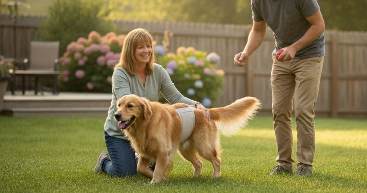 A dog being cared for at home, illustrating dog torn ligament without surgery