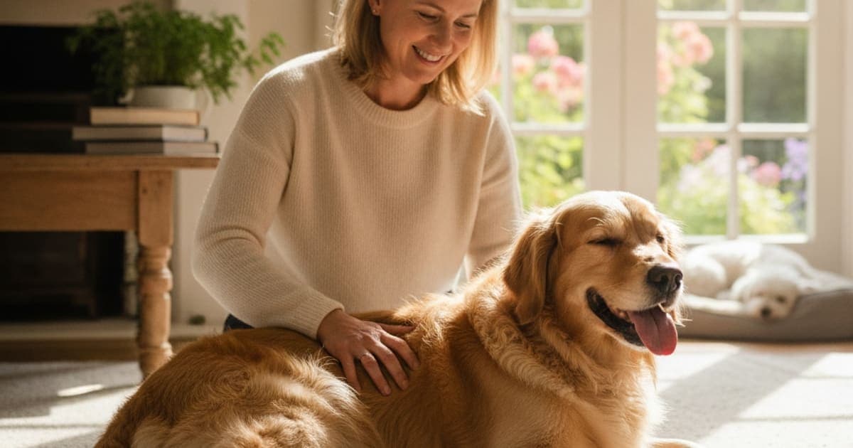 A dog being cared for at home, illustrating a dog's arthritis improve without surgery