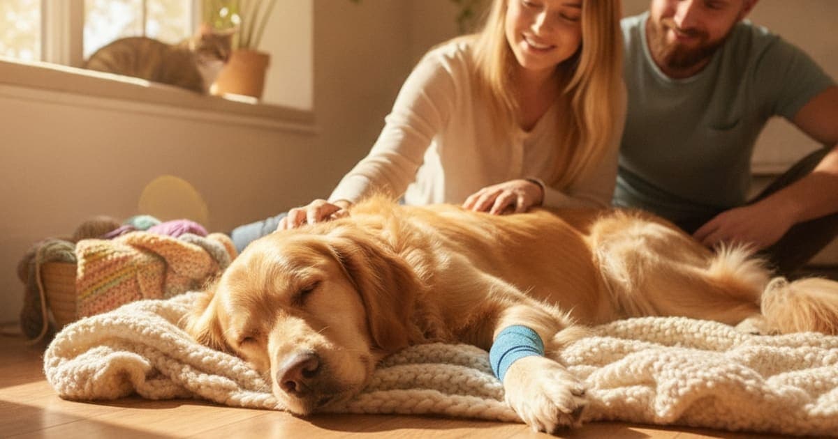 A dog being cared for at home, illustrating a dog's avulsion fracture recover without surgery