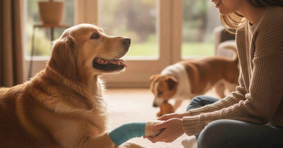 A dog being cared for at home, illustrating a dog's carpal hyperextension be managed without surgery
