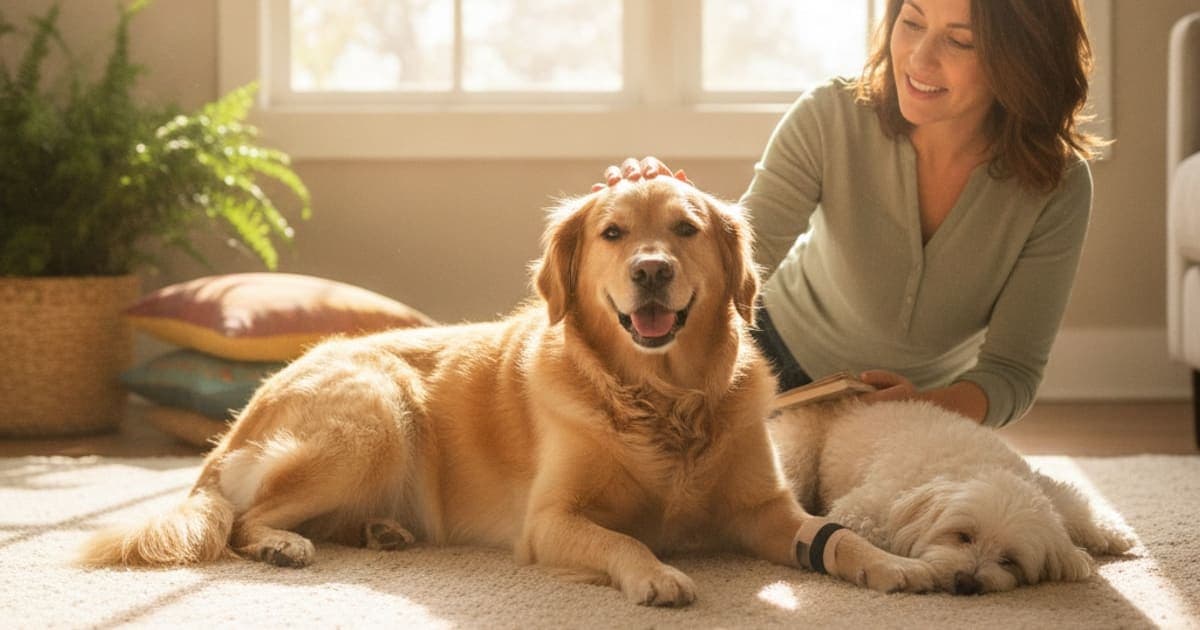 A dog being cared for at home, illustrating a dog's ccl tear recover without surgery