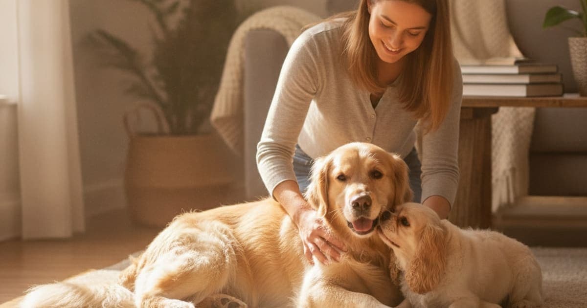 A dog being cared for at home, illustrating a dog's cruciate ligament rupture be managed without surgery