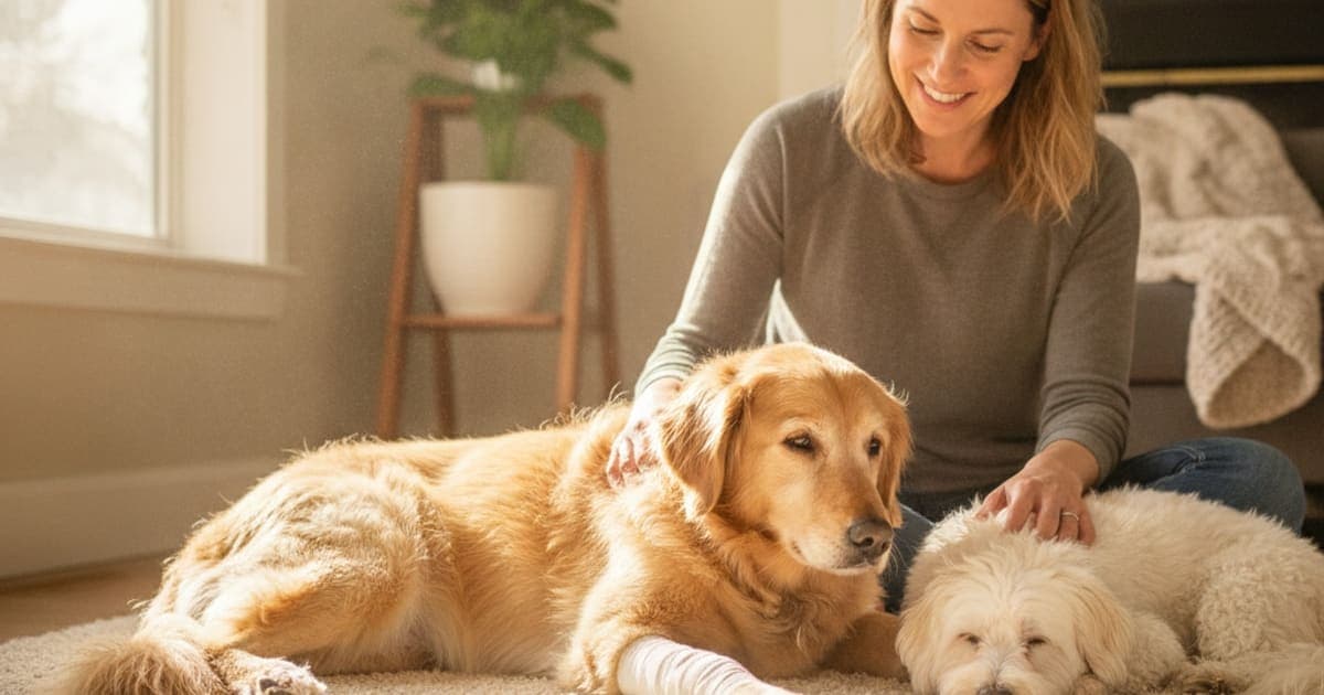 A dog being cared for at home, illustrating a dog's muscle tear recover without surgery