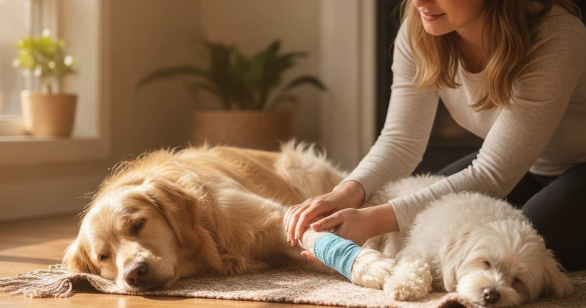 A dog being cared for at home, illustrating a dog's sesamoid fracture recover without surgery