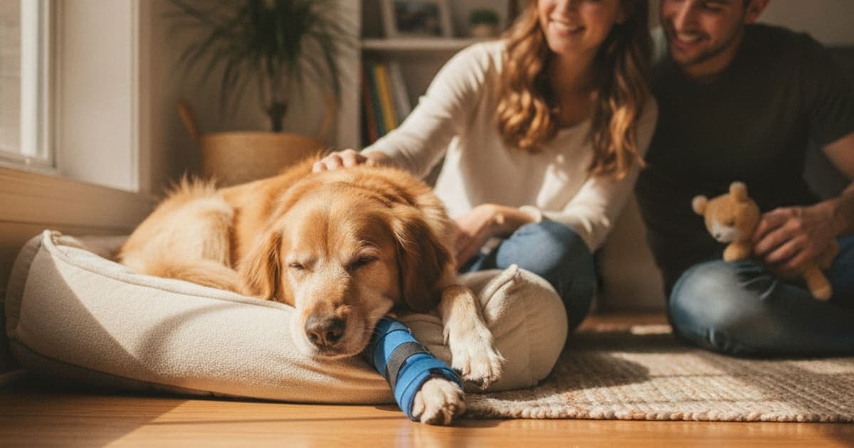 A dog being cared for at home, illustrating a dog's sprained leg recover without surgery