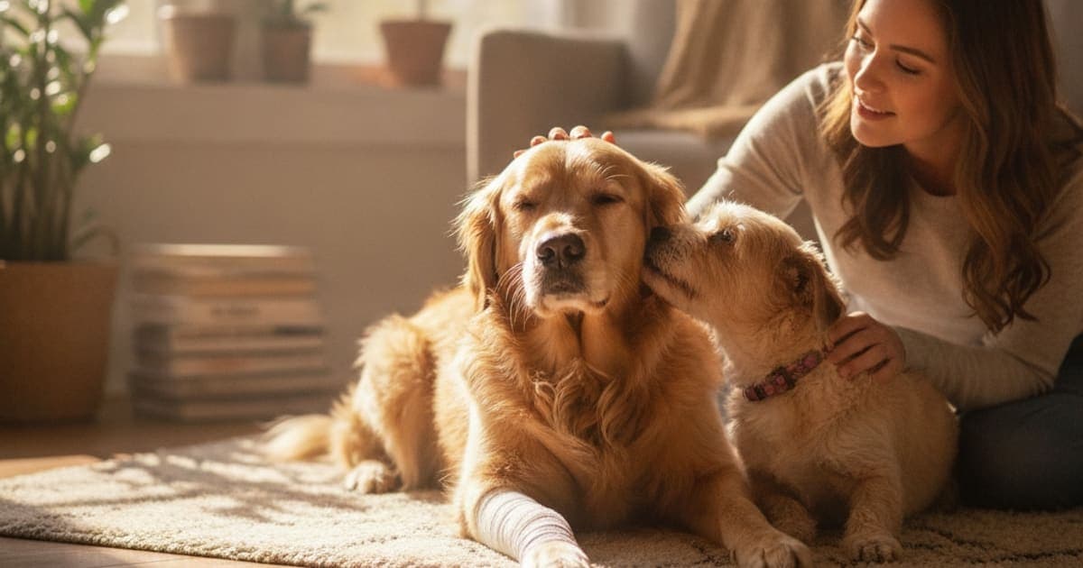 A dog being cared for at home, illustrating a dog's stress fracture recover without surgery