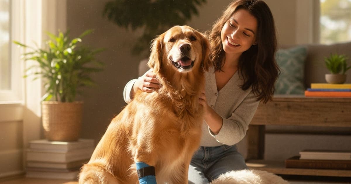 A dog being cared for at home, illustrating a dog's tendon injury recover without surgery