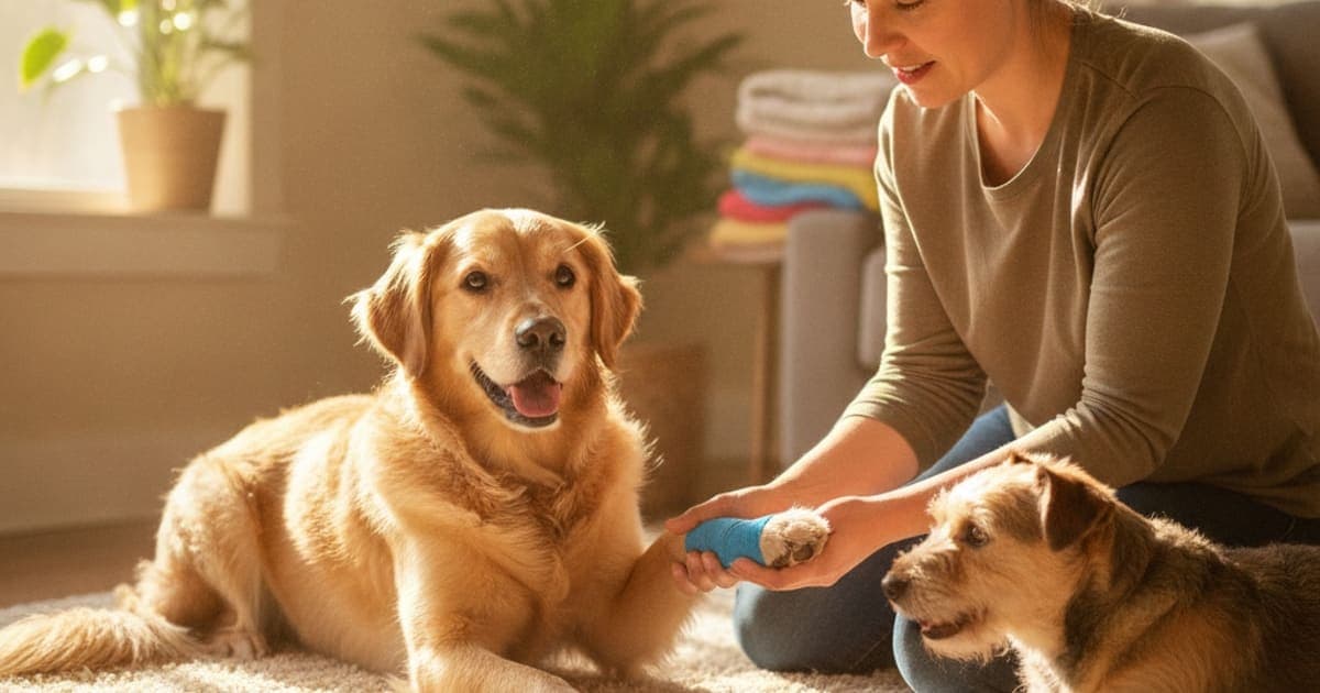 A dog being cared for at home, illustrating a dog's toe injury recover without surgery