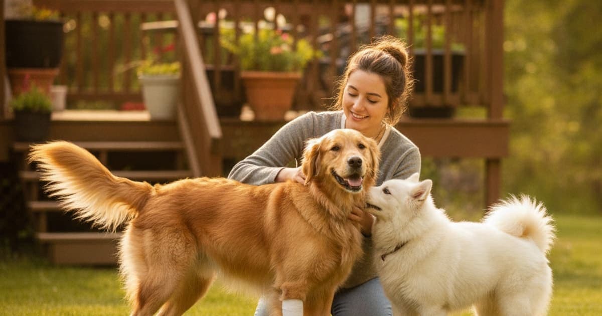 A dog being cared for at home, illustrating a dog's torn ligament recover without surgery