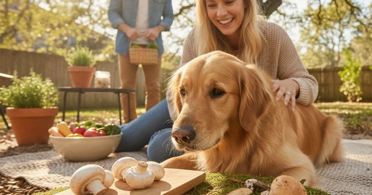 A dog being cared for at home, illustrating dogs eat food with mushrooms in it? safety guide
