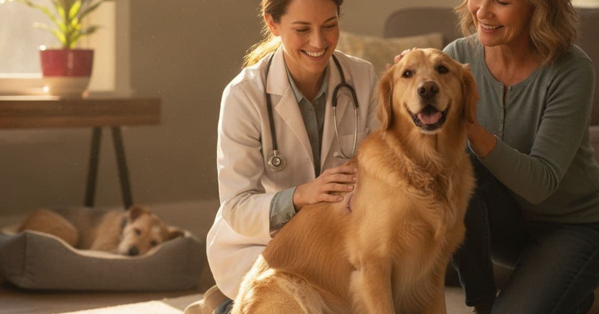 A dog being cared for at home, illustrating surgical incision healing in dogs be reversed