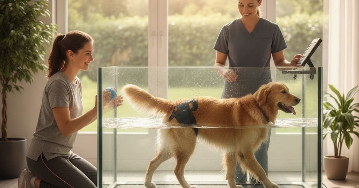 A dog being cared for at home, illustrating canine hip dysplasia conservative management options