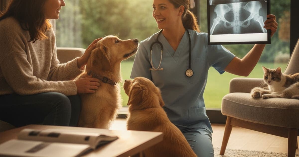 A dog being cared for at home, illustrating canine hip dysplasia diagnosis: x-rays, ofa and grading