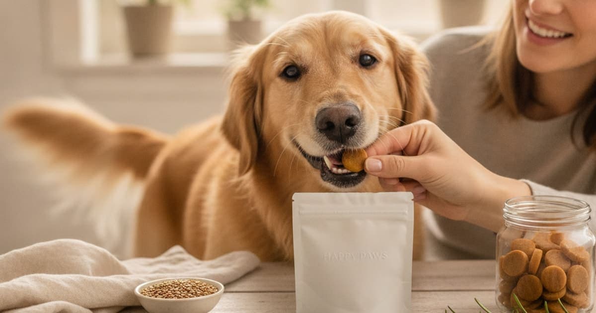 A dog being cared for at home, illustrating chewy dog supplements: how to read the label