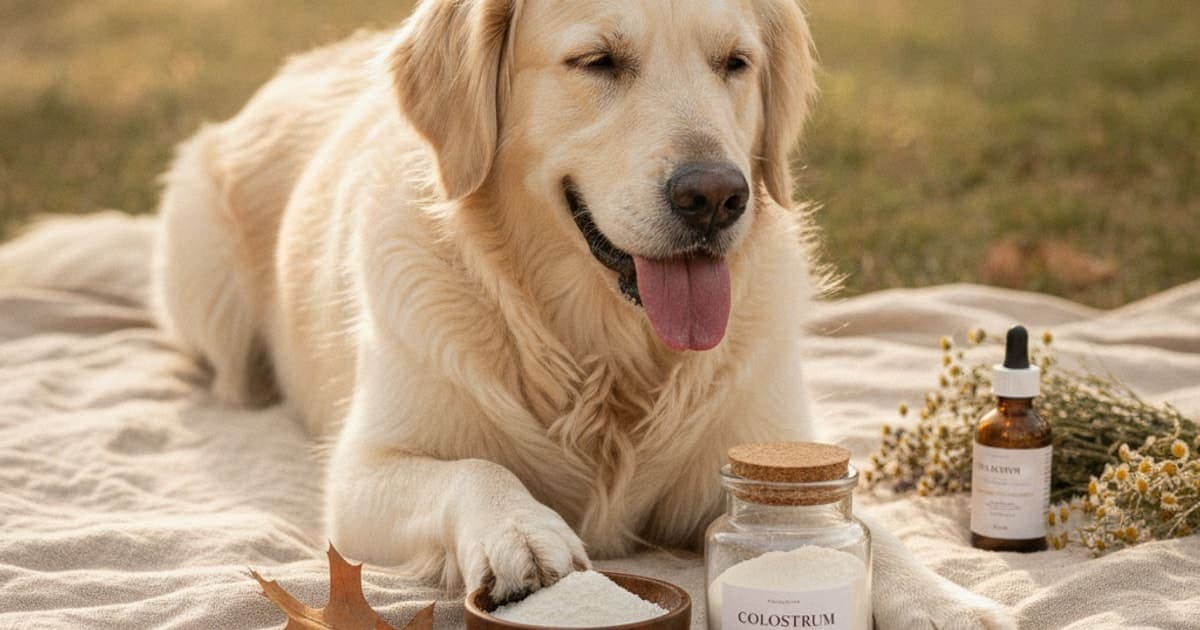A dog being cared for at home, illustrating colostrum supplements for dogs