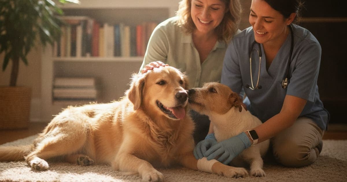 A dog being cared for at home, illustrating cruciate ligament rupture in dogs: signs and causes