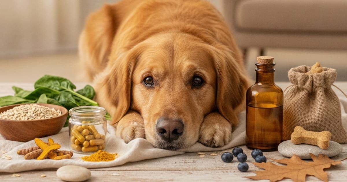 A dog being cared for at home, illustrating curcumin absorption in dogs: why bioavailability matters