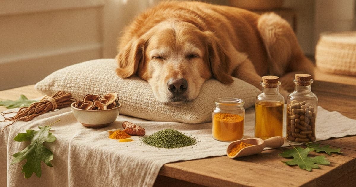 A dog being cared for at home, illustrating cushing's supplements for dogs: what they support