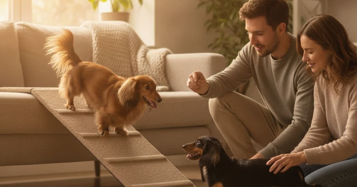 A dog being cared for at home, illustrating dachshund ivdd prevention