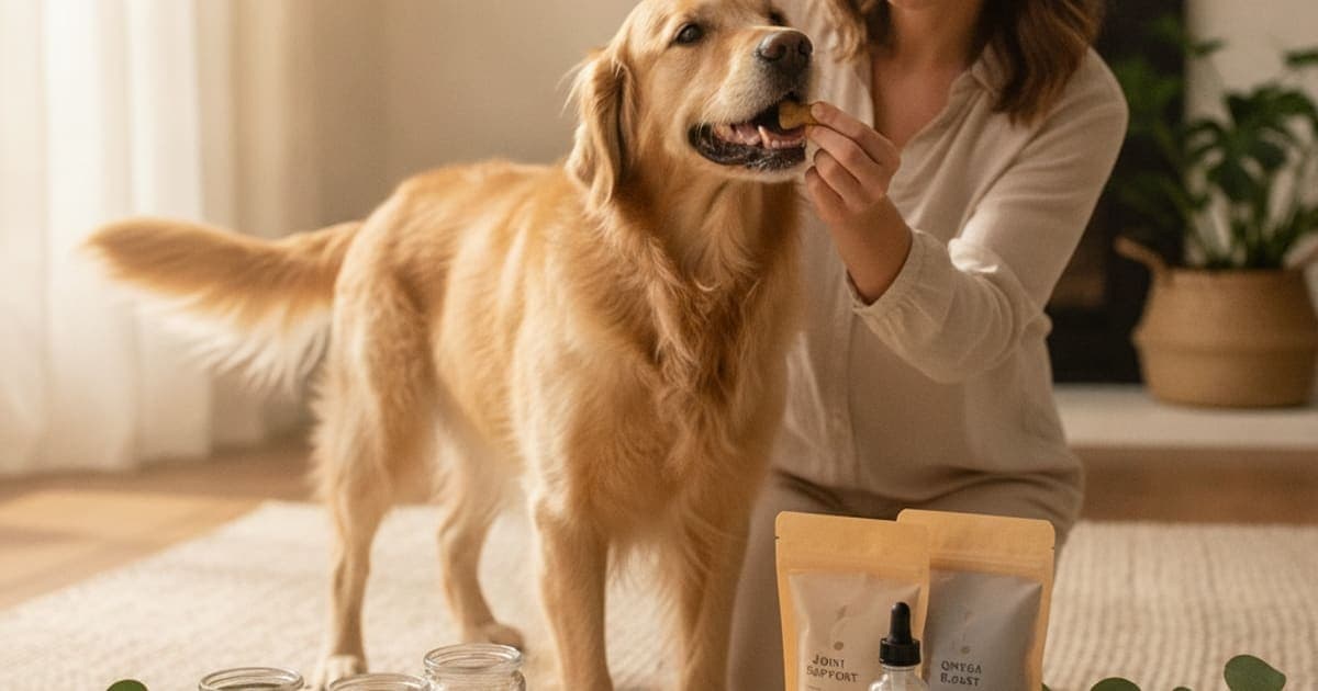 A dog being cared for at home, illustrating daily supplements for dogs